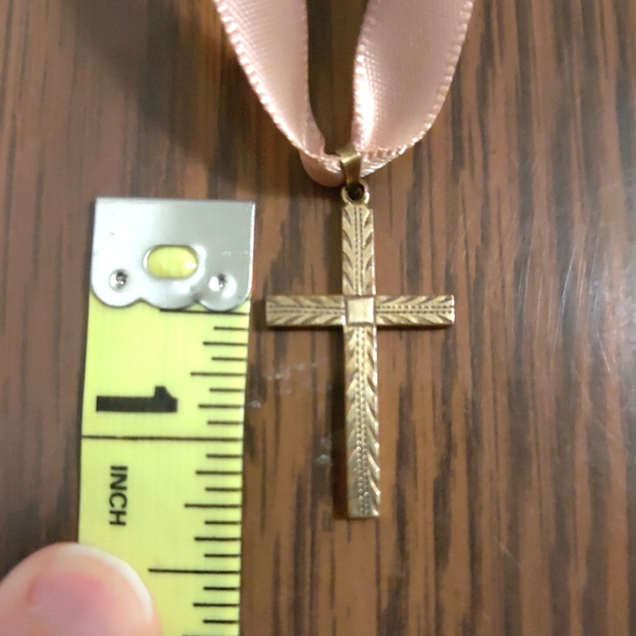 Handmade Ribbon Necklace with Vintage Gold Cross Pendant - Picture 3 of 5